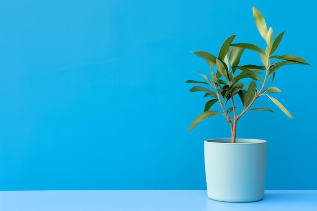 Plant against a blue wall background with copy space generative AI