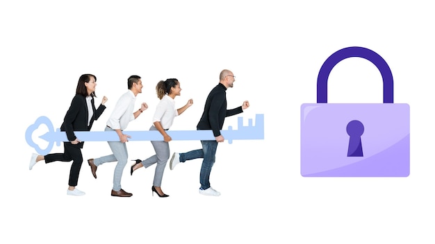 Png Diverse people carrying key to unlock a cloud storage transparent background
