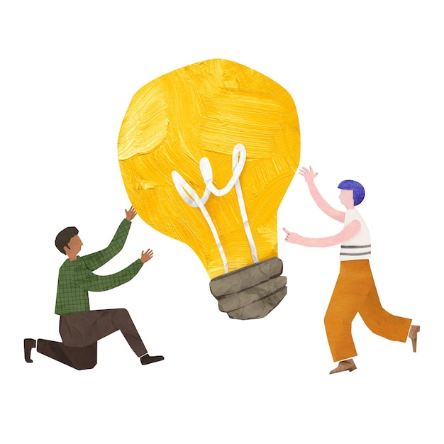 png people holding bulb creative idea paper craft collage transparent background