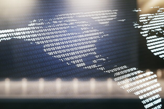 Pohjois-Amerikan digitaalinen karttahologrammi nykyaikaisen toimistorakennuksen hämärällä taustalla, globaali teknologia -konsepti, monivalotus