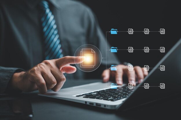 Pointing finger of a businesswoman directs attention to a virtual modern screen featuring Document Management System