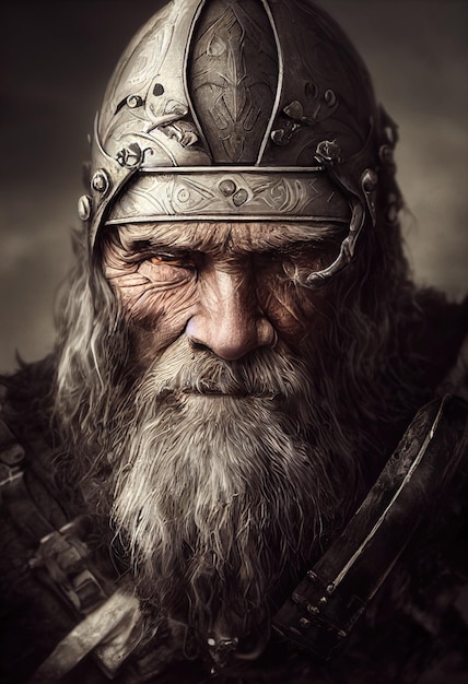 Portrait of an ancient warrior with a beard and in winter clothing Concept of an ancient warrior