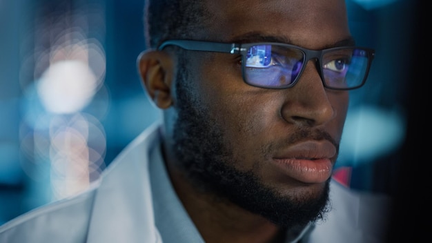 Portrait of Handsome Black Man Wearing Glasses Working Confidently on a Computer Young Intelligent Male Engineer or Scientist Working in Laboratory Bokeh Blue Background Closeup Shot