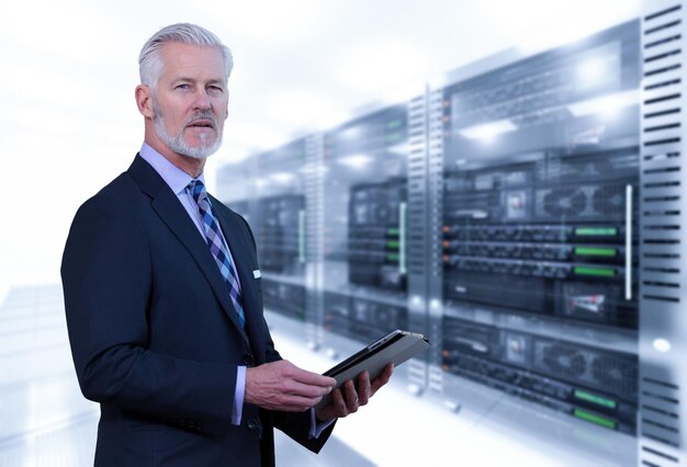 Portrait of senior businessman in big rack server room
