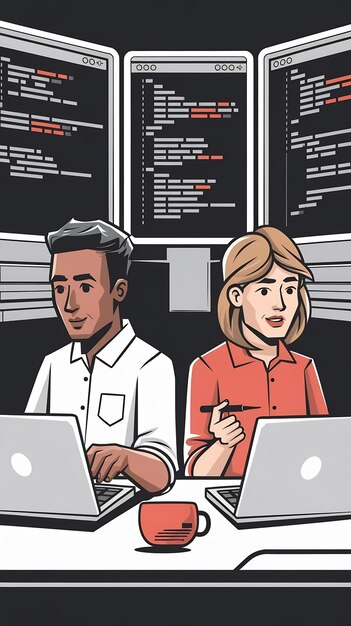 Portrait of Two Diverse Developers Using Laptop Computer Discussing Lines of Code that Appear on B