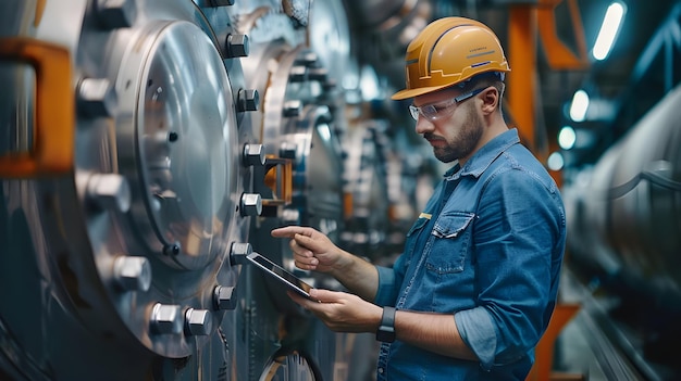 Portrait of young Caucasian man dressed in work wear using tablet while standing in heating plant