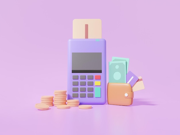 Pos terminal Machine with payment credit or debit card pay bill concept Financial transactions minimal cute smooth on purple background 3d render illustration