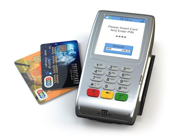 POS terminal with credit cards isolated on white background 3d