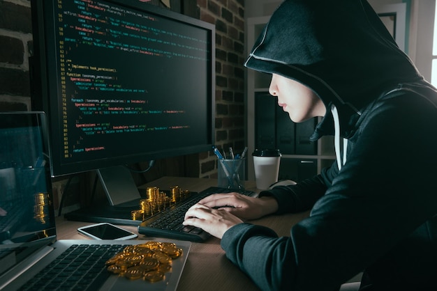 professional computer programmer making bad data virus spreading into global and hacking for getting golden bitcoin ransom from all victim.