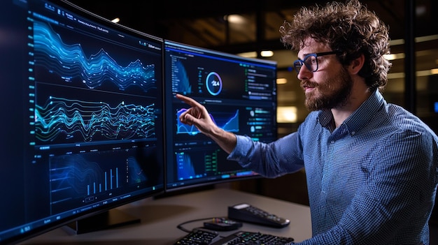 Professional data analyst working on multiple monitors analyzing complex data visualizations and graphs in a modern office environment focusing on trends and insights