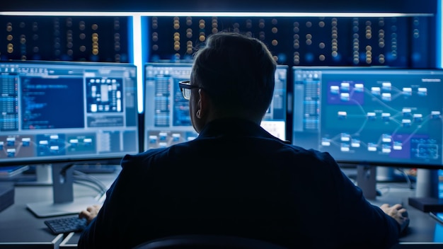 Professional IT Programer Working in Data Center on Desktop Computer with Three Displays Doing Development of Software and Hardware Displays Show Blockchain Data Network Architecture Concept