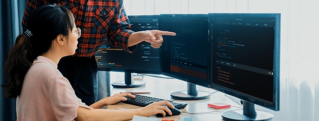 Professional programer team discuss about web coding at office Burgeoning