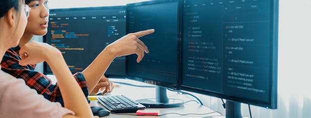Professional programer team discuss about web coding at office Burgeoning