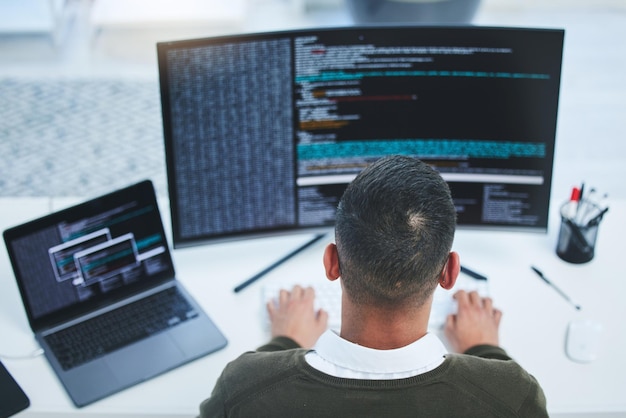 Programmer computer and developer man for coding software script or cyber security Behind technician person with technology dashboard and laptop for programming future and data analytics