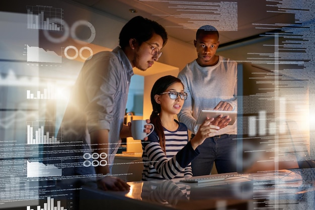 Programmer graphs and dashboard overlay at night with staff and database developer team with software development Planning conversation and web statistics with it people and coding strategy