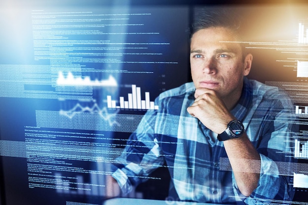 Programmer hologram and man with focus cyber security and data analysis with coding website information or futuristic Male person employee or coder with concentration holographic or programming