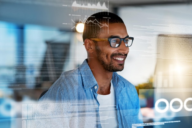 Programmer overlay and happy man on computer for programming website development and coding Cloud research smile or IT technician typing code for online data software algorithm or cybersecurity