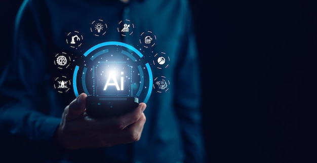 Programmer people working laptops or smartphones with AI artificial intelligence software engineer coding on laptop computers with technology icons and binary code big data Ai bot digital machine