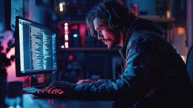 programmer typing and debugging code on computer screen in it office environment