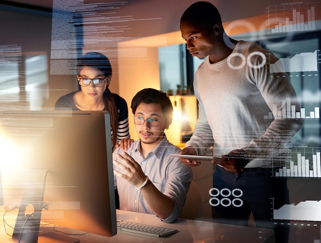 Programmer working and dashboard overlay at night in office and database developer team with software development Planning conversation and web statistics with it people and coding strategy