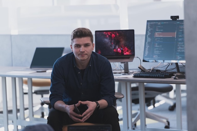 Programming. Man Working On Computer In IT Office, Sitting At Desk Writing Codes. Programmer Typing Data Code, Working On Project In Software Development Company.