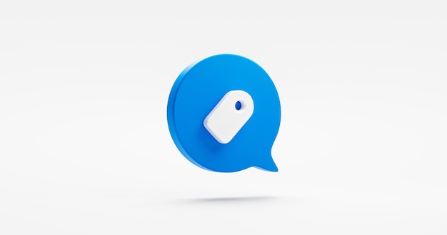Promotion sale coupon price tag 3d icon label isolated on white background with blue speech bubble message discount element symbol or special offer blank product badge sign and website shop marketing