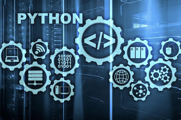 Python Programming Language on server room background Programing workflow abstract algorithm concept on virtual screen