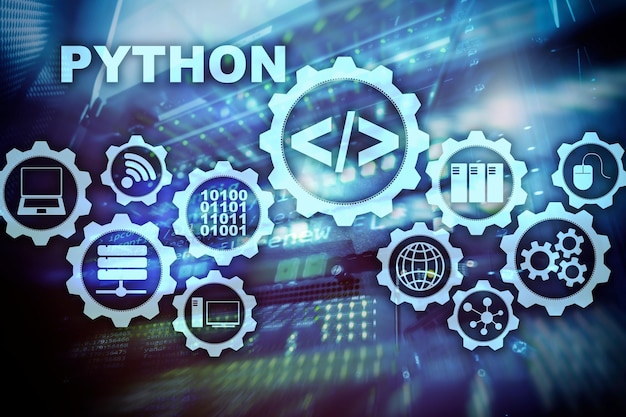 Python Programming Language on server room background Programing workflow abstract algorithm concept on virtual screen