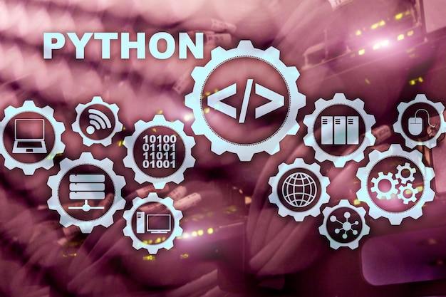 Python Programming Language on server room background Programing workflow abstract algorithm concept on virtual screen