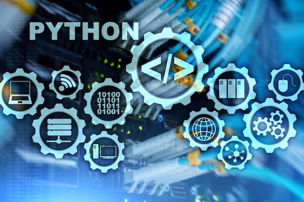 Python Programming Language on server room background Programing workflow abstract algorithm concept on virtual screen
