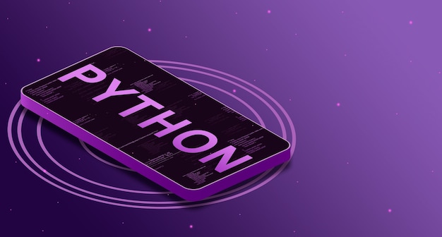 Python programming language on the phone screen with code elements, digital language 3d