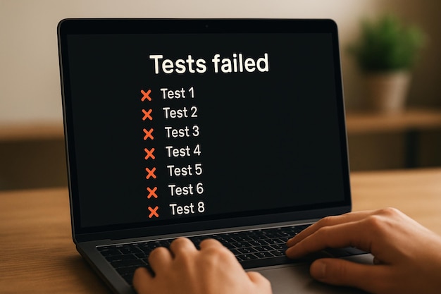 QA automation engineer working at computer with failed automated test results