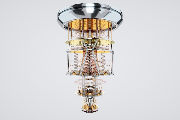Quantum computer gold silver mechanism isolated on white background Mechanism quantum computing quantum cryptography steampunk Q bits parallel computing 3D illustration 3D render
