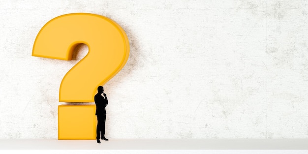 Question yellow question mark symbol and silhouette man on white background Problem solution confusion counseling copy space 3d rendering