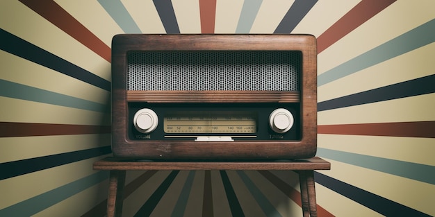 Radio old fashioned on wooden table retro wall background 3d illustration