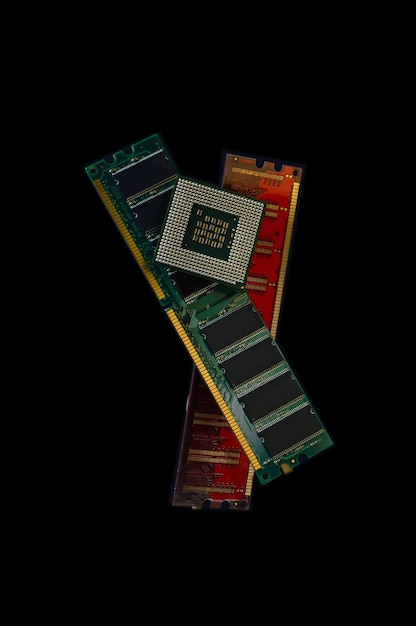 RAM and processor from a computer on a dark background