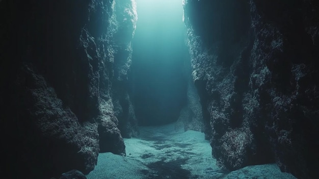 Rays of sunlight into the underwater cave Underwater view of a coral reef in the Red Sea