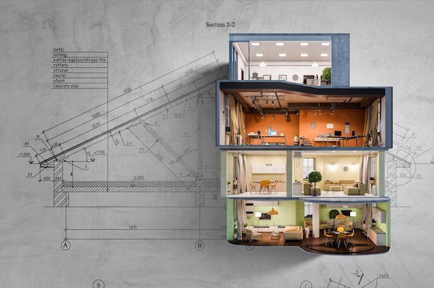 Real estate concept with building model against wall. Mixed media