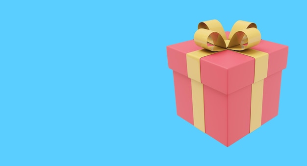 Realistic red gift box with yellow ribbon 3D rendering Icon on blue background text space