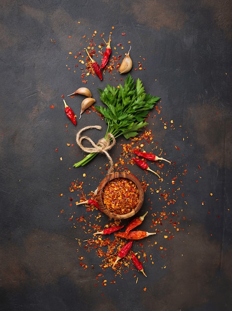 Red chili peppers, garlic and parsley 