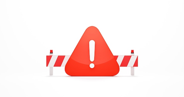 red exclamation sign warning 3d icon isolated on white background with danger siren alarm alert attention tape zone or urgent security signal caution emergency symbol and error equipment rescue light