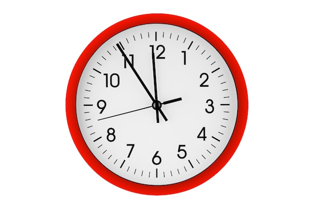 Red watch wall clock 11 hours 45 minutes on isolated or white background
