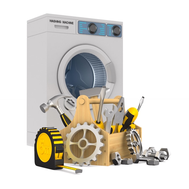 Repair washing machine on white. Isolated 3d illustration
