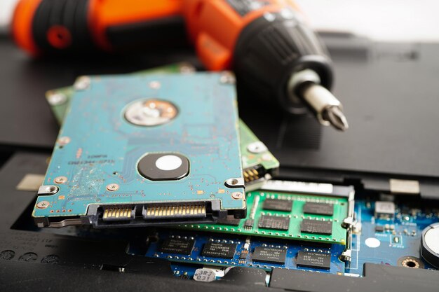 repairing and upgrade circuit mainboard of notebook electronic computer hardware and technology concept