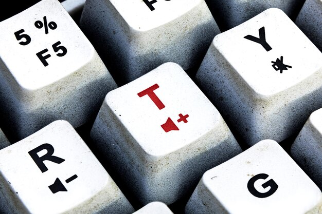 retro keyboard with r button in red color r button keyboard in close up macro