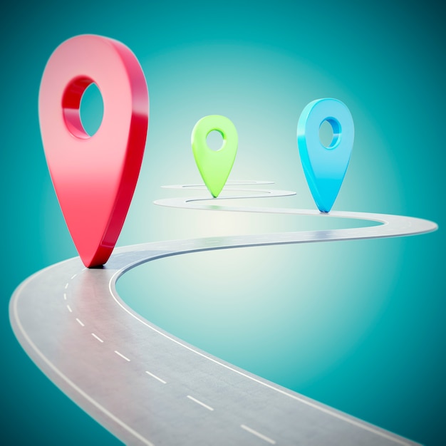 Road path going forward on blue with colorful pin pointer.