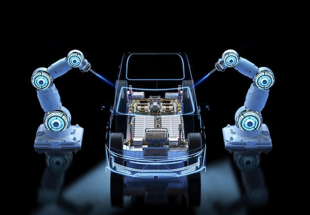 Robot assembly line with electric car battery cells module on platform