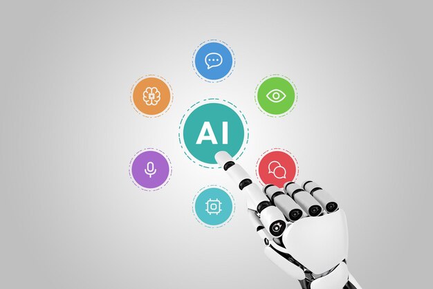 robot hand touches ai surrounded by icons of natural language processing computer vision speech