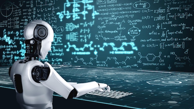 Robot hominoid use laptop and sit at table for engineering science studying