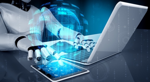 Robot humanoid use laptop and sit at table for big data analytic